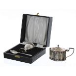 F H Adams & Holman silver christening egg cup and spoon in case, inscribed 'Michael 10-2-57',