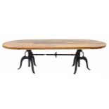 Good decorative reclaimed style table, the oval reclaimed plank top on cast industrial style ratchet