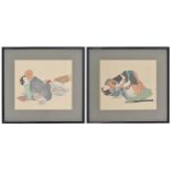 Japanese School - Two similar erotic watercolour paintings on silk, 11" x 9.5" and 10" x 9.5" (2)