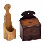 19th century oak salt box, with shaped back over a hinged cover and single drawer below, 10" wide,