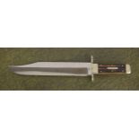 Stan Shaw Bowie knife, with horn scales, engraved bolsters and worked blade back and handle edges,