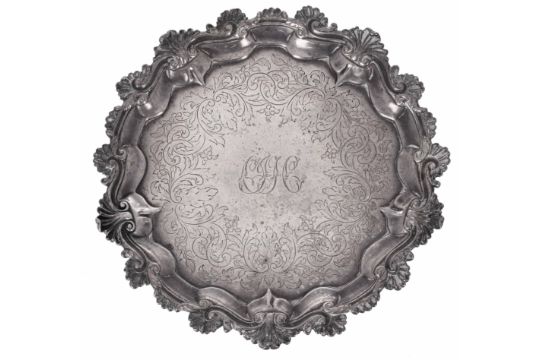 Victorian circular silver card tray, with engraved monogram and foliate decoration to the centre - Image 2 of 4