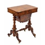 Victorian figured walnut rectangular work table, the hinged quarter veneer parquetry inlay