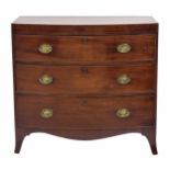 19th century mahogany bow front chest of drawers, plain top over three long graduated drawers raised