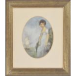 English School (early 19th century) - portrait of a young girl standing beside a rock on a beach,