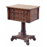 19th century mahogany work table on stand, with single slim drawer over faux front double deep