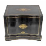 French 19th century ebonised and brass inlaid liqueur decanter box, the hinged cover and sides