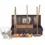 Selection of croquet equipment to include five mallets (one stamped Jaques London), seven wooden