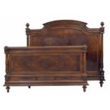 French rosewood bed frame, the veneered head and foot board with carved harebell borders and acorn