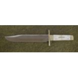 Stan Shaw Bowie knife, with mother of pearl scales, engraved bolsters and worked blade back and