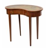 Edwardian mahogany inlaid kidney-shaped writing table, with shaped tooled leather inset surface to