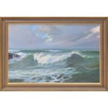 Jean-Louis Paguenaud (1876-1952) - coastal scene with sunlit rolling waves, sea birds above,