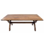 Good large oak refectory table, the plank top on two X-shaped supports untied by a single long