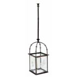 Good Victorian hall lantern with gas pipe fitting, with sunburst decorated bevelled glass panels,