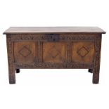 18th century oak coffer, the moulded hinged top enclosing a removing tier over an open interior,