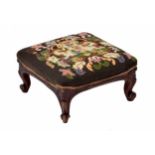 Victorian square needlework foot stool, raised on the scroll carved mahogany frame, 16" x 16", 8"