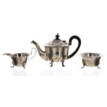 Viner's Ltd. three piece silver tea set, with card cut flared rims, the teapot with a hardwood