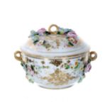 Continental porcelain floral encrusted pot with cover, 6.25" diameter, 5.75" high