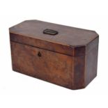 Georgian yew wood rectangular canted tea caddy with boxwood banding, the hinged cover enclosing a