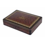 French burr yew wood, kingwood and ebonised games box, the hinged cover with brass inlaid monogram