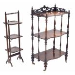 Victorian serpentine rosewood three tier whatnot, with carved scroll gallery rail and turned