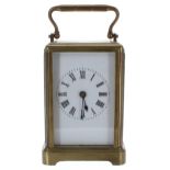 French carriage clock timepiece, within a one-piece style brass case, 6" high (key)