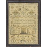 George III embroidered sampler, worked with verse, the image of a house and pagoda nearby with