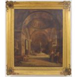 English School (19th century) - a cathedral interior with figures, oil on canvas, 30" x 25"