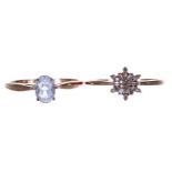 9ct rose gold diamond cluster ring, 1.8gm, 9mm, ring size R/S; with a 9ct rose gold single stone gem