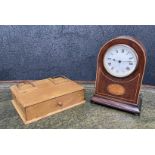 Edwardian mahogany arched top mantel clock, the 3.5" enamelled dial over an inlaid shell paterae,