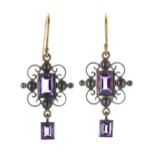 Pair of amethyst drop earrings in the antique style, wire hook backs, 3.1gm, 36mm