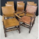 Set of eight (two carvers plus six) stud leather upholstered oak dining chairs, the carvers