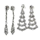 Two pairs of silver diamond set drop earrings, 30mm and 34mm approx