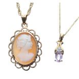 18k diamond and gem set pendant on a 9ct necklet, the pendant 17mm, 2gm; with a 9ct mounted cameo