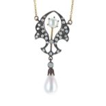 Attractive diamond and cultured pearl pendant on a slender 9ct yellow gold chain, 4.2gm, the pendant