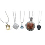 Five modern silver necklaces with stone set pendants, to include orange turquoise, citrine, topaz,