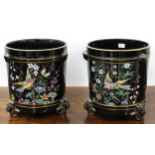 Pair of Victorian Jackfield pottery planters, gilt highlighted with polychrome bird and foliate