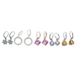 Five pairs of modern silver gem set earrings