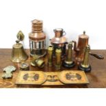 Selection of decorative metal items, to include two copper marine  lanterns, pair of brass