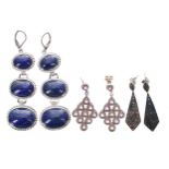 Pair of lapis lazuli graduated drop earrings, 78mm approx; with two pairs of silver drop earrings (