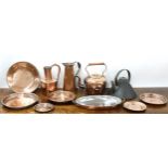 Mixed group of copper items; kettles, plates jug etc.