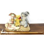 Vintage Chad Valley Co. Ltd. rabbit soft toy, another teddy bear and a soft doll in traditional