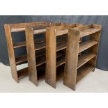 Two similar pairs of oak floor standing shelves, 30" wide, 9"deep, 36" high