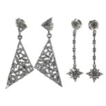 Two pairs of silver diamond set drop earrings, 32mm and 38mm approx