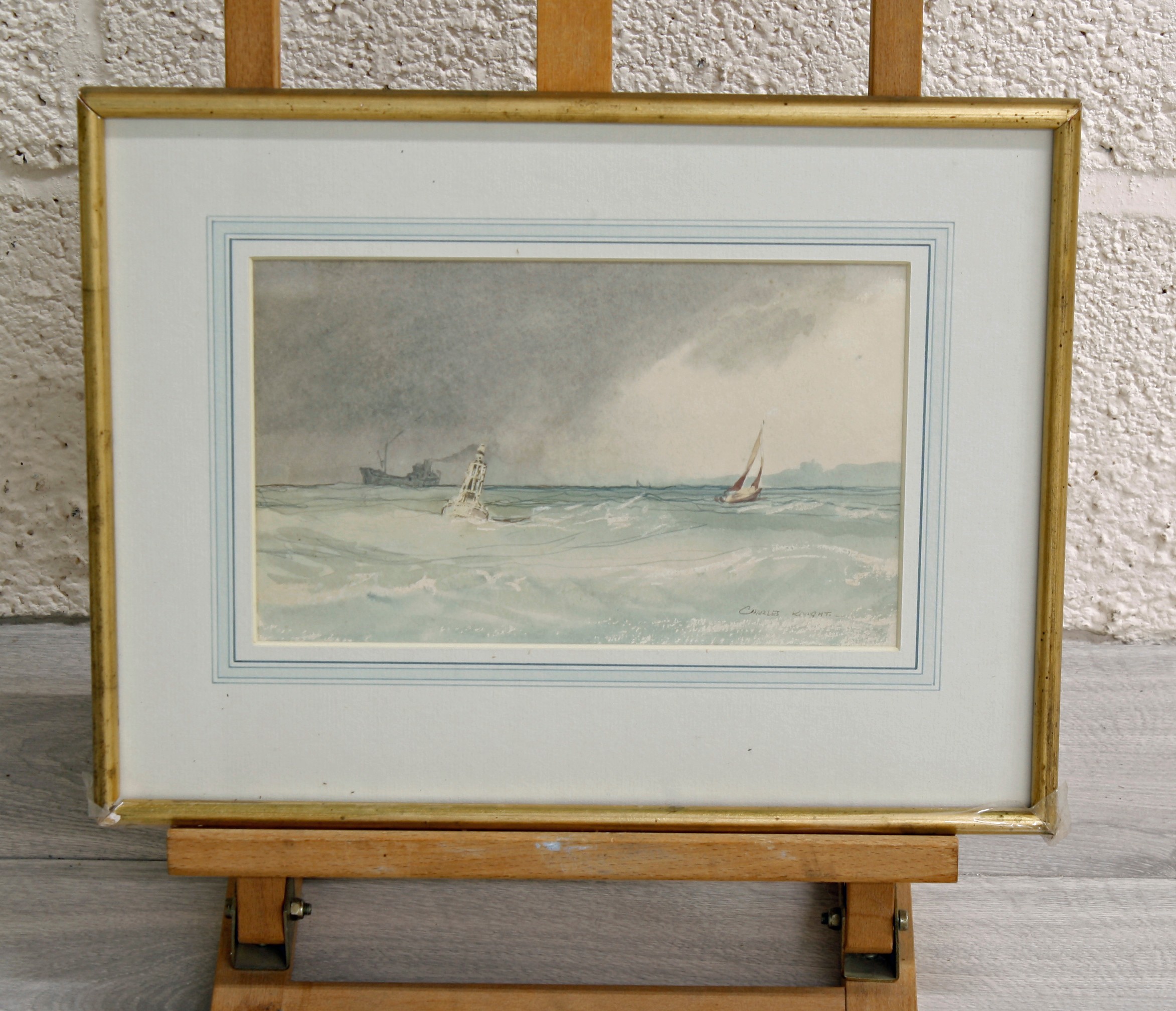 Charles Knight R.W.S. (1901-1990) - shipping off a coastline, signed, pencil and watercolour with