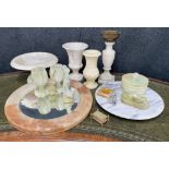 Collection of assorted alabaster, coloured onyx and similar pieces; to include wall mirror, bird