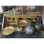 Pair of heavy bronze vases, 13" high; together with a set of brass counter top scales with two