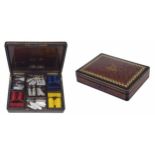 French burr yew wood, kingwood and ebonised games box, the hinged cover with brass inlaid monogram