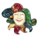 Decorative papier maché jester mask, polychrome decorated, 16" high