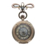 14ct cylinder engraved fob watch with a 9ct bow brooch, gilt bar movement, metal cuvette, gilt